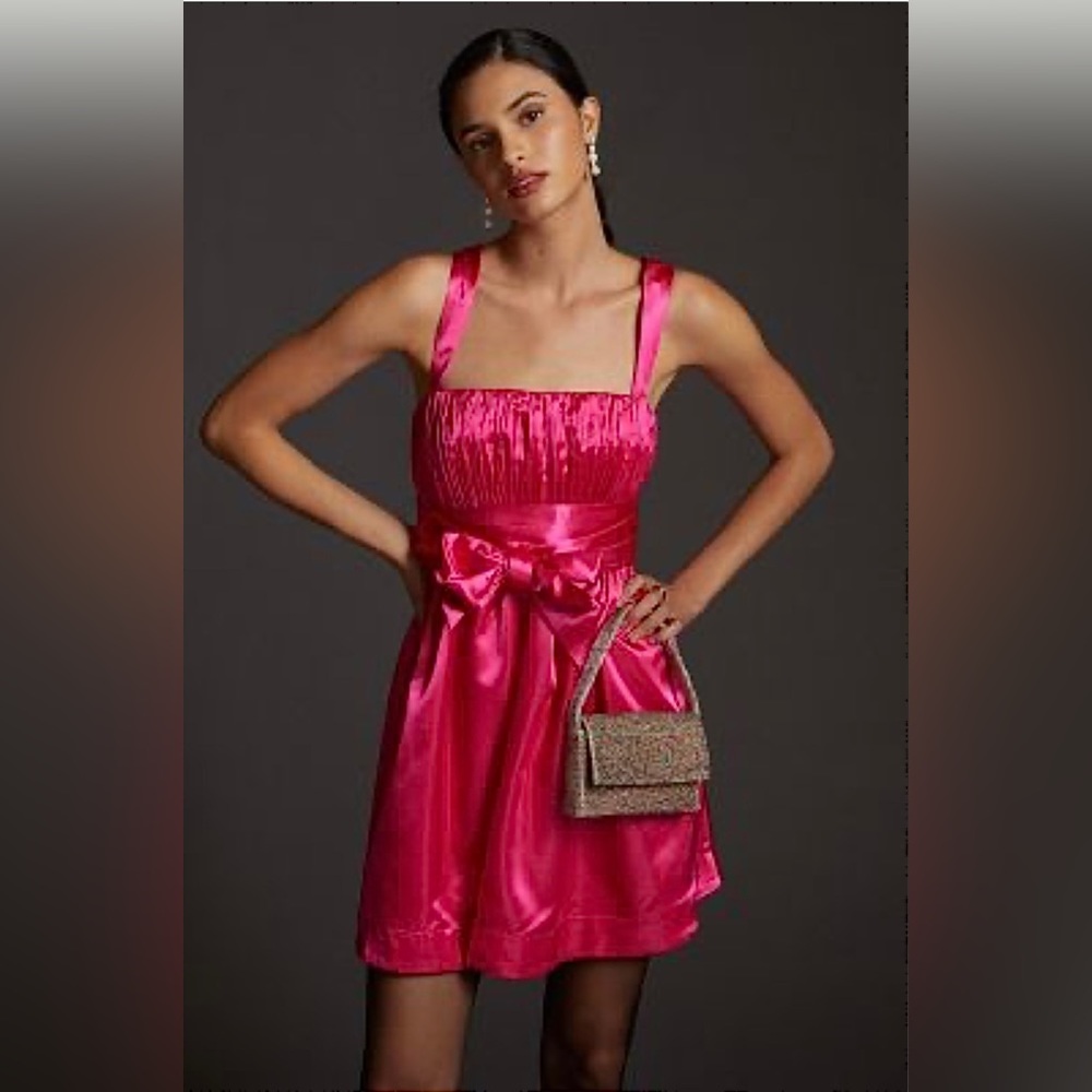 Anthropologie pink satin dress with sash